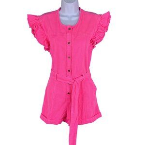 Day + Moon NWT Womens S Barbiecore Pink Denim Romper Ruffle Sleeve Beachy Girly